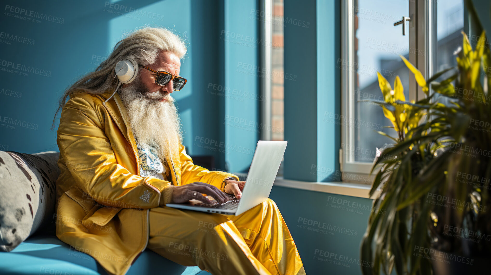 Buy stock photo Senior man, headphones on and working on laptop in vibrant attire. Tech-savvy, focused and stylish elder in a modern setting. On a creative journey with a touch of vibrant energy.