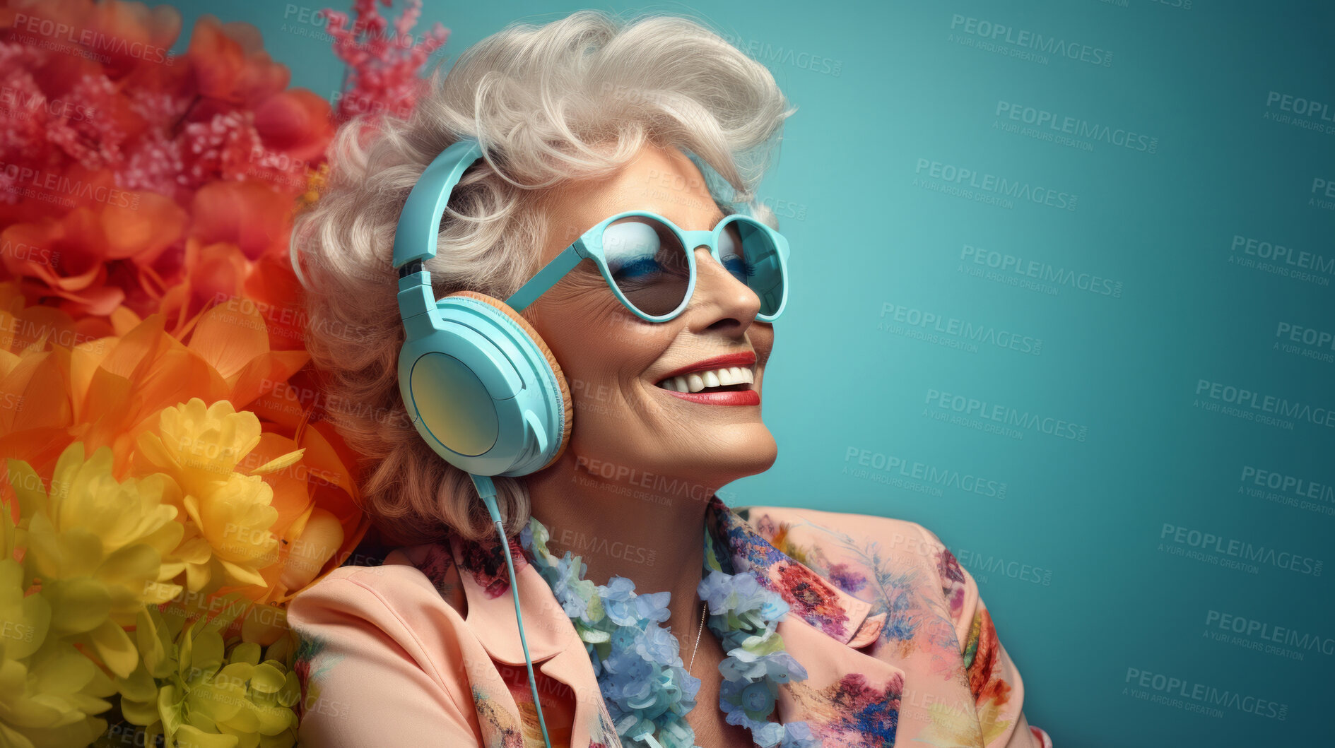 Buy stock photo Senior lady, headphones, adorned in vibrant colors. Stylish, tech-savvy and modern elder in a lively setting. On a vibrant journey with a touch of energetic flair.