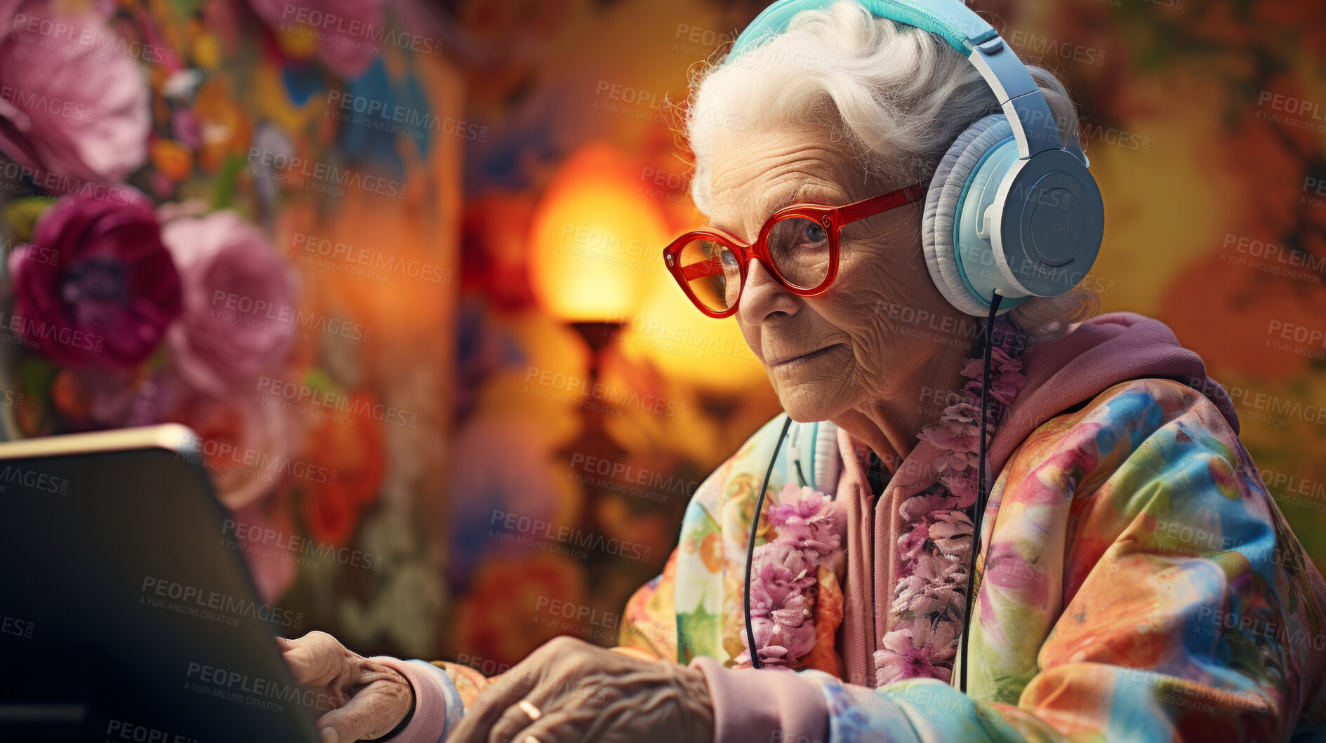 Buy stock photo Senior lady, headphones on and working on laptop in vibrant attire. Tech-savvy, focused and stylish elder in a modern setting. On a creative journey with a touch of vibrant energy.