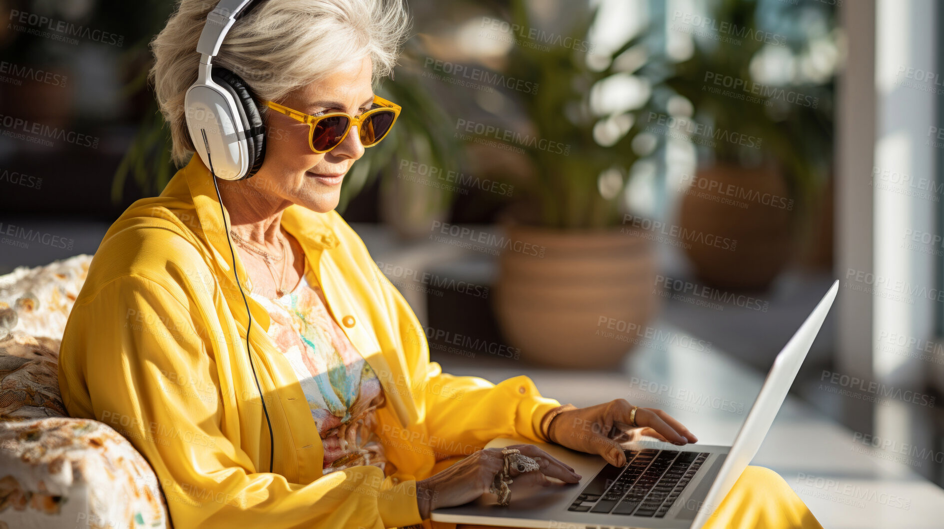 Buy stock photo Senior lady, headphones on and working on laptop in vibrant attire. Tech-savvy, focused and stylish elder in a modern setting. On a creative journey with a touch of vibrant energy.