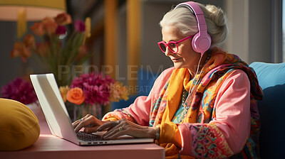 Senior lady, headphones on and working on laptop in vibrant attire. Tech-savvy, focused and stylish elder in a modern setting. On a creative journey with a touch of vibrant energy.