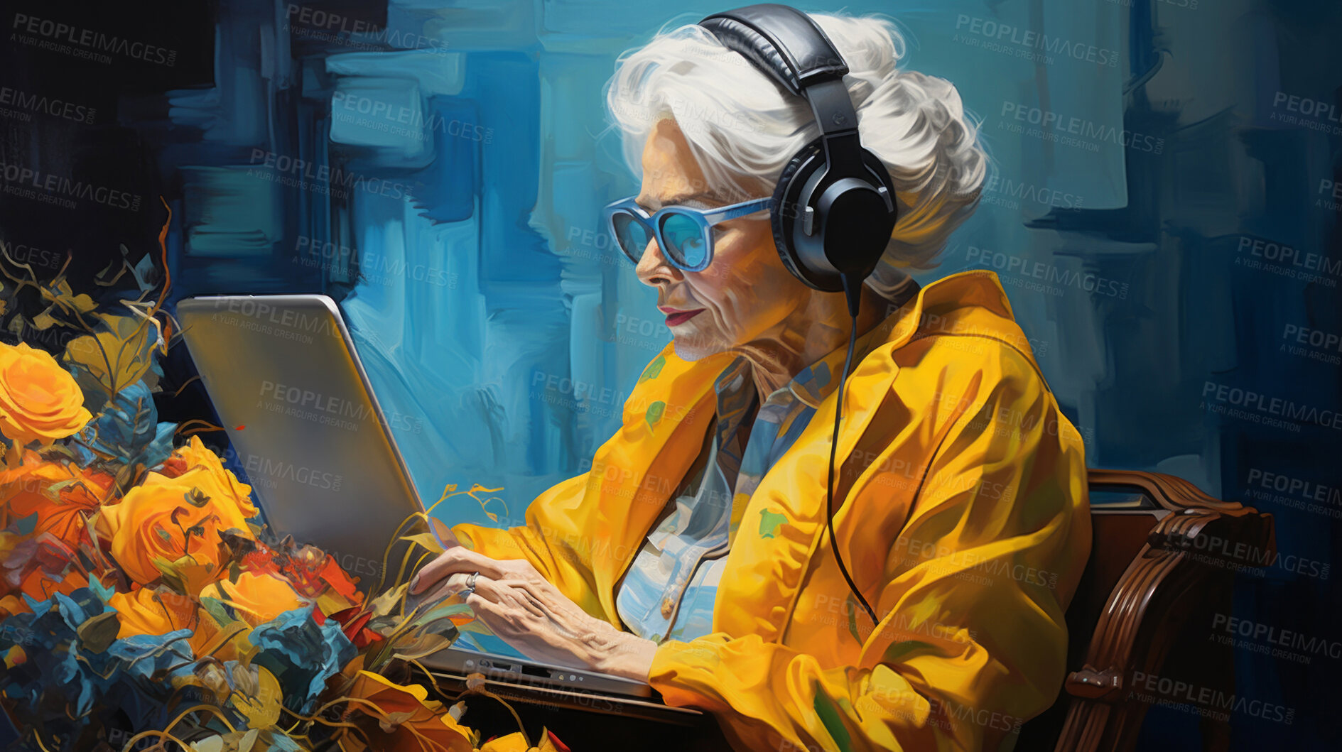 Buy stock photo Senior lady, headphones on and working on laptop in vibrant attire. Tech-savvy, focused and stylish elder in a modern setting. On a creative journey with a touch of vibrant energy.