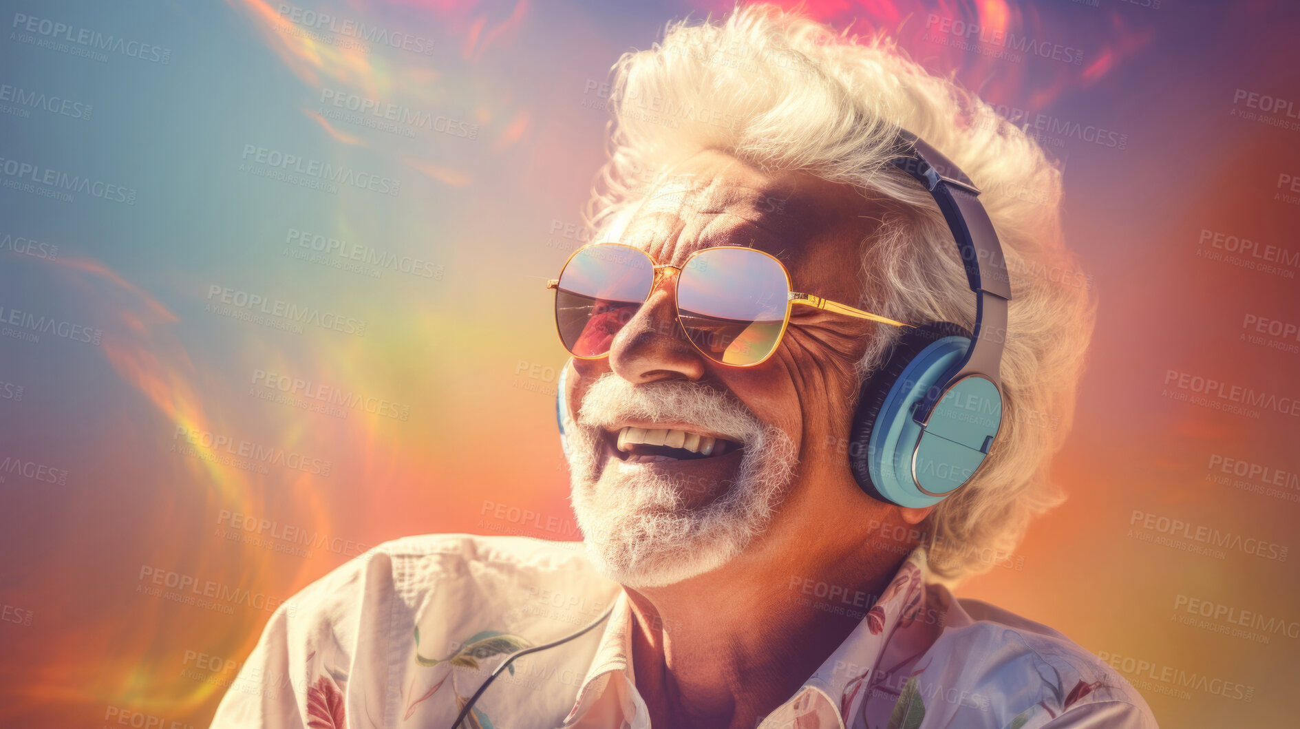 Buy stock photo Senior man, headphones, adorned in vibrant colors. Stylish, tech-savvy and modern elder in a lively setting. On a vibrant journey with a touch of energetic flair.