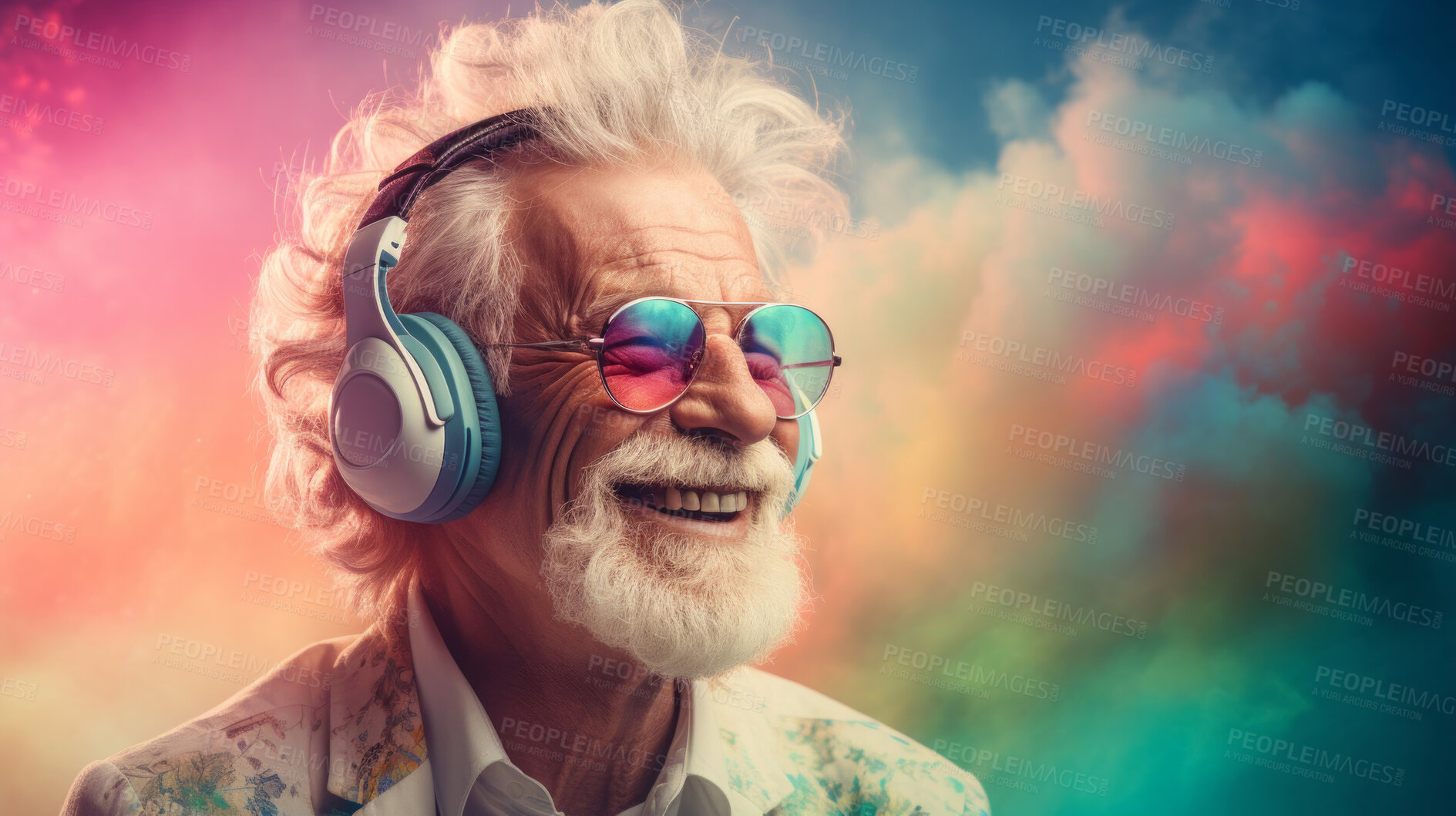 Buy stock photo Senior man, headphones, adorned in vibrant colors. Stylish, tech-savvy and modern elder in a lively setting. On a vibrant journey with a touch of energetic flair.