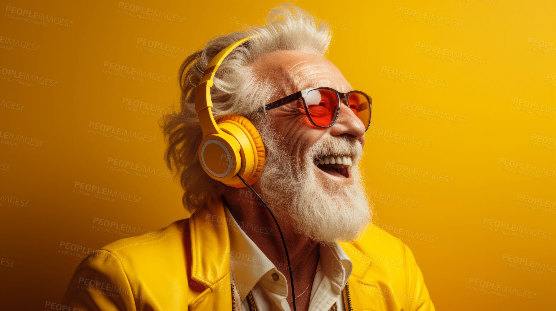 Buy stock photo Senior man, headphones, adorned in vibrant colors. Stylish, tech-savvy and modern elder in a lively setting. On a vibrant journey with a touch of energetic flair.