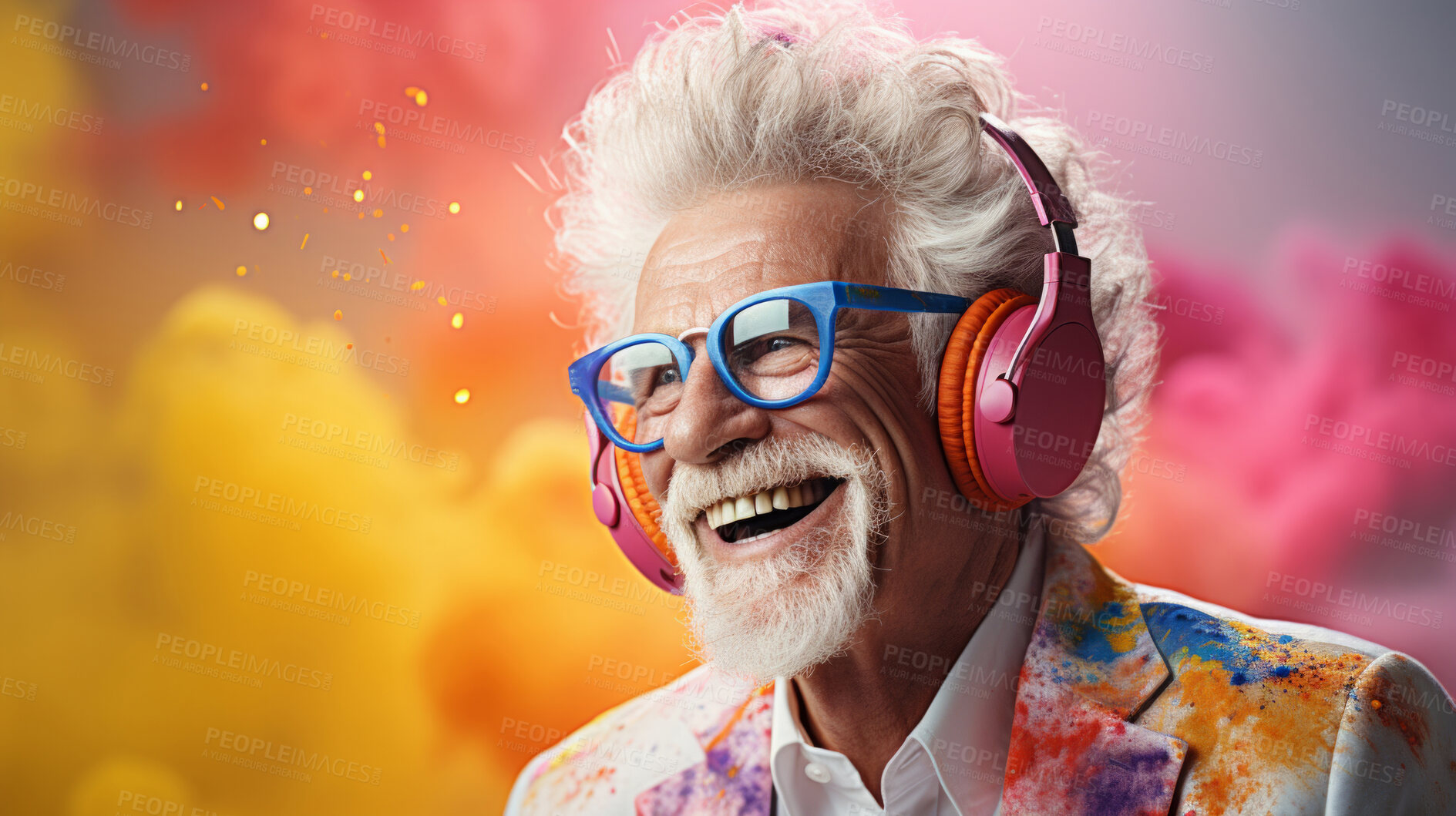 Buy stock photo Senior man, headphones, adorned in vibrant colors. Stylish, tech-savvy and modern elder in a lively setting. On a vibrant journey with a touch of energetic flair.