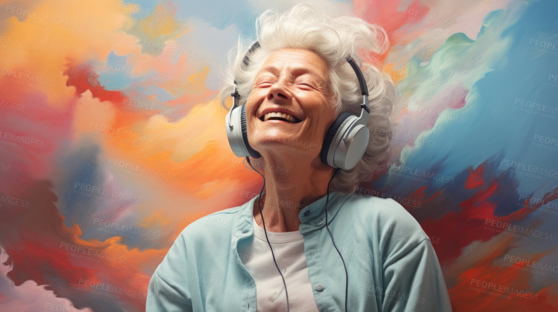 Buy stock photo Senior lady, headphones, adorned in vibrant colors. Stylish, tech-savvy and modern elder in a lively setting. On a vibrant journey with a touch of energetic flair.