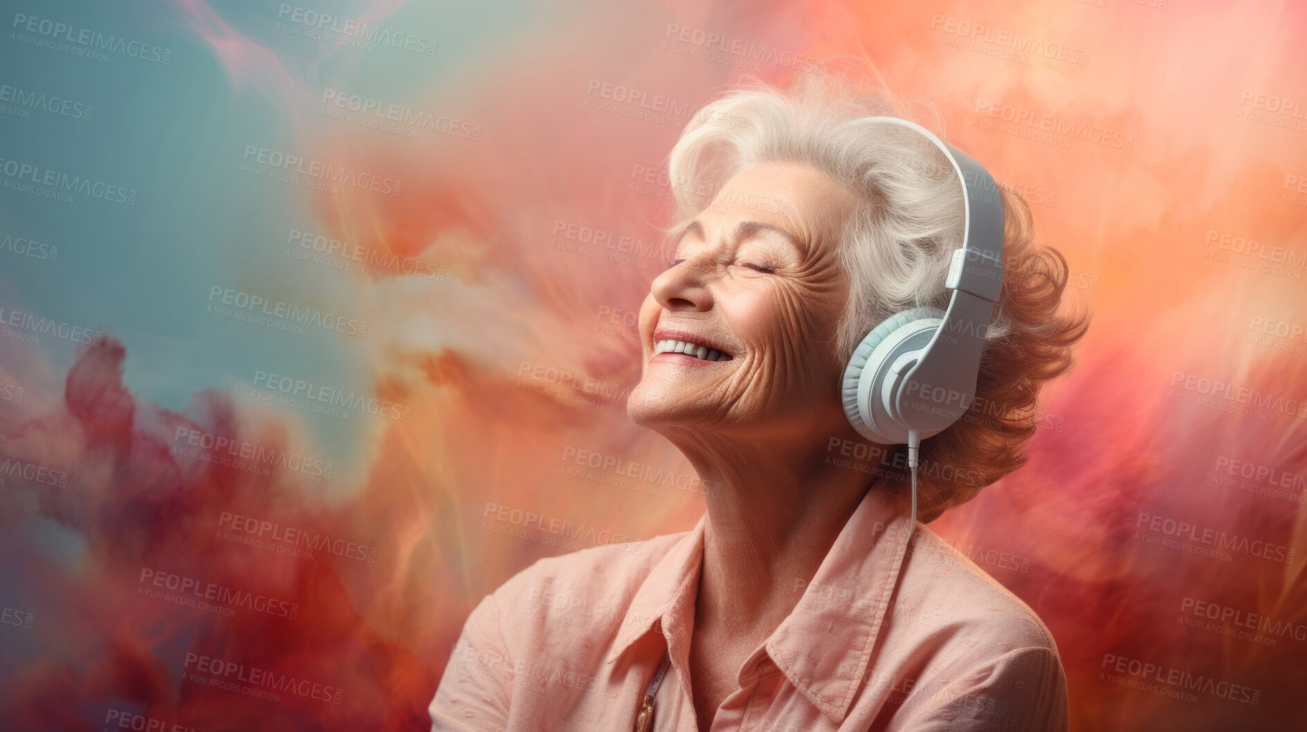 Buy stock photo Senior lady, headphones, adorned in vibrant colors. Stylish, tech-savvy and modern elder in a lively setting. On a vibrant journey with a touch of energetic flair.