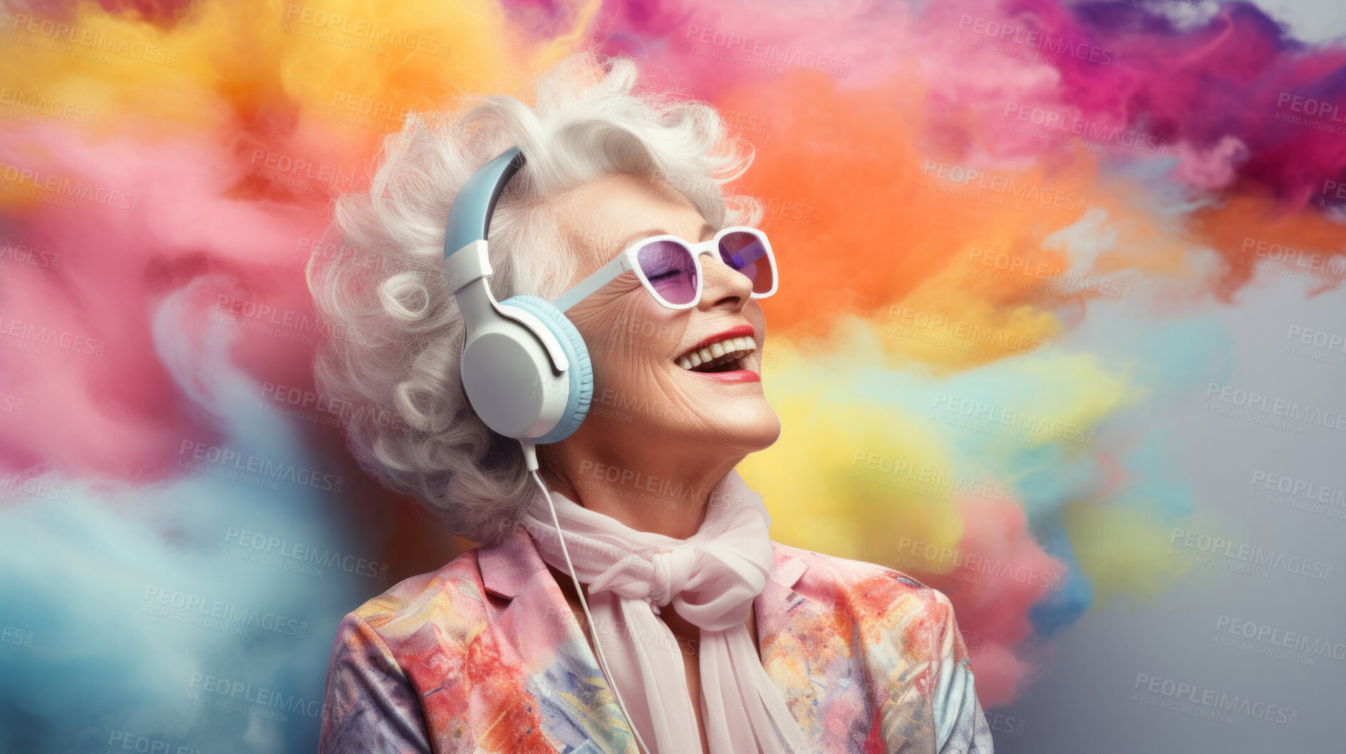 Buy stock photo Senior lady, headphones, adorned in vibrant colors. Stylish, tech-savvy and modern elder in a lively setting. On a vibrant journey with a touch of energetic flair.