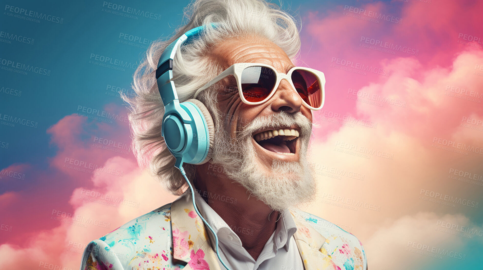 Buy stock photo Senior man, headphones, adorned in vibrant colors. Stylish, tech-savvy and modern elder in a lively setting. On a vibrant journey with a touch of energetic flair.