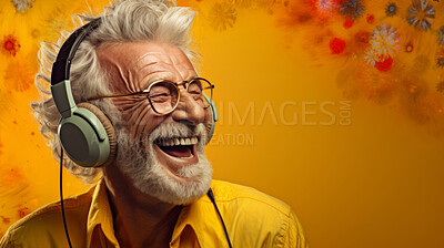 Buy stock photo Senior man, headphones, adorned in vibrant colors. Stylish, tech-savvy and modern elder in a lively setting. On a vibrant journey with a touch of energetic flair.