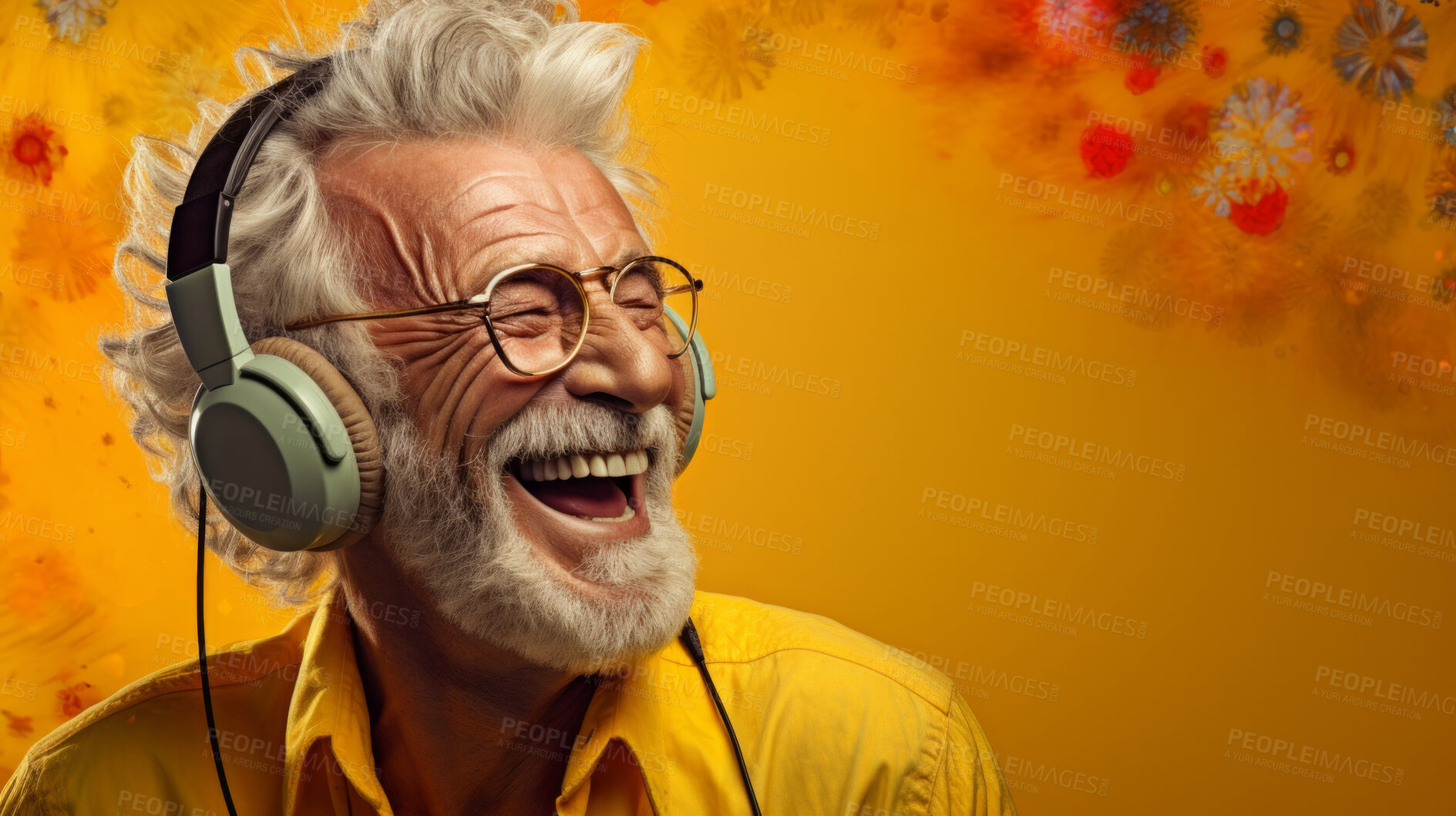 Buy stock photo Senior man, headphones, adorned in vibrant colors. Stylish, tech-savvy and modern elder in a lively setting. On a vibrant journey with a touch of energetic flair.