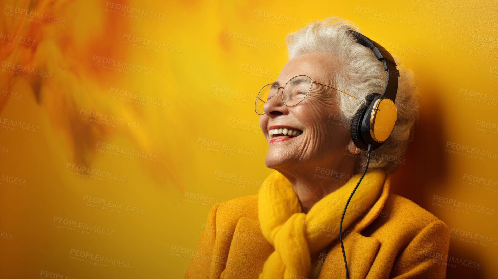 Buy stock photo Senior lady, headphones, adorned in vibrant colors. Stylish, tech-savvy and modern elder in a lively setting. On a vibrant journey with a touch of energetic flair.