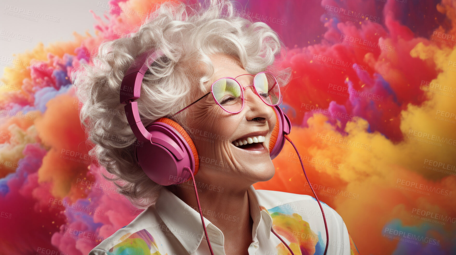 Buy stock photo Senior lady, headphones, adorned in vibrant colors. Stylish, tech-savvy and modern elder in a lively setting. On a vibrant journey with a touch of energetic flair.