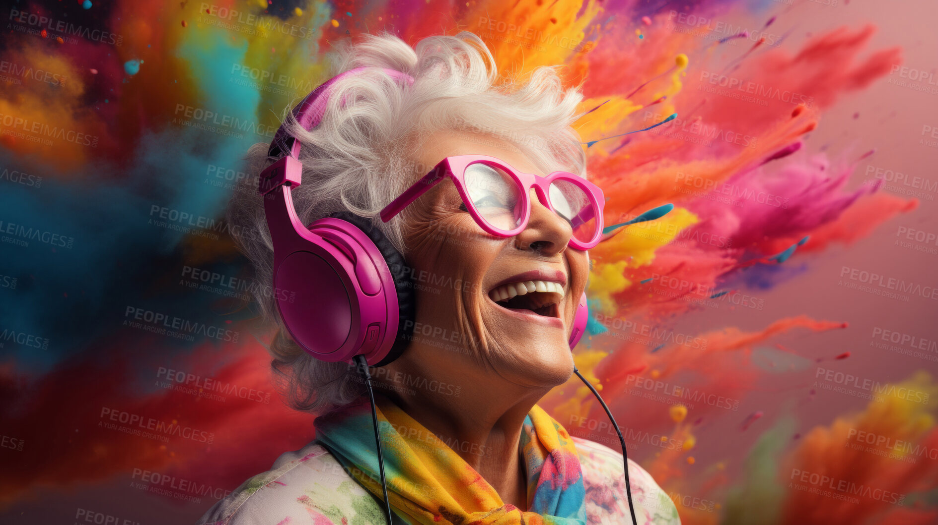 Buy stock photo Senior lady, headphones, adorned in vibrant colors. Stylish, tech-savvy and modern elder in a lively setting. On a vibrant journey with a touch of energetic flair.