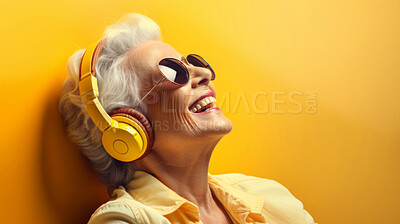 Buy stock photo Senior lady, headphones, adorned in vibrant colors. Stylish, tech-savvy and modern elder in a lively setting. On a vibrant journey with a touch of energetic flair.