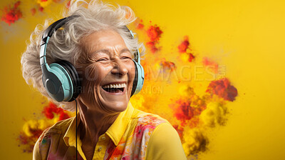 Senior lady, headphones, adorned in vibrant colors. Stylish, tech-savvy and modern elder in a lively setting. On a vibrant journey with a touch of energetic flair.