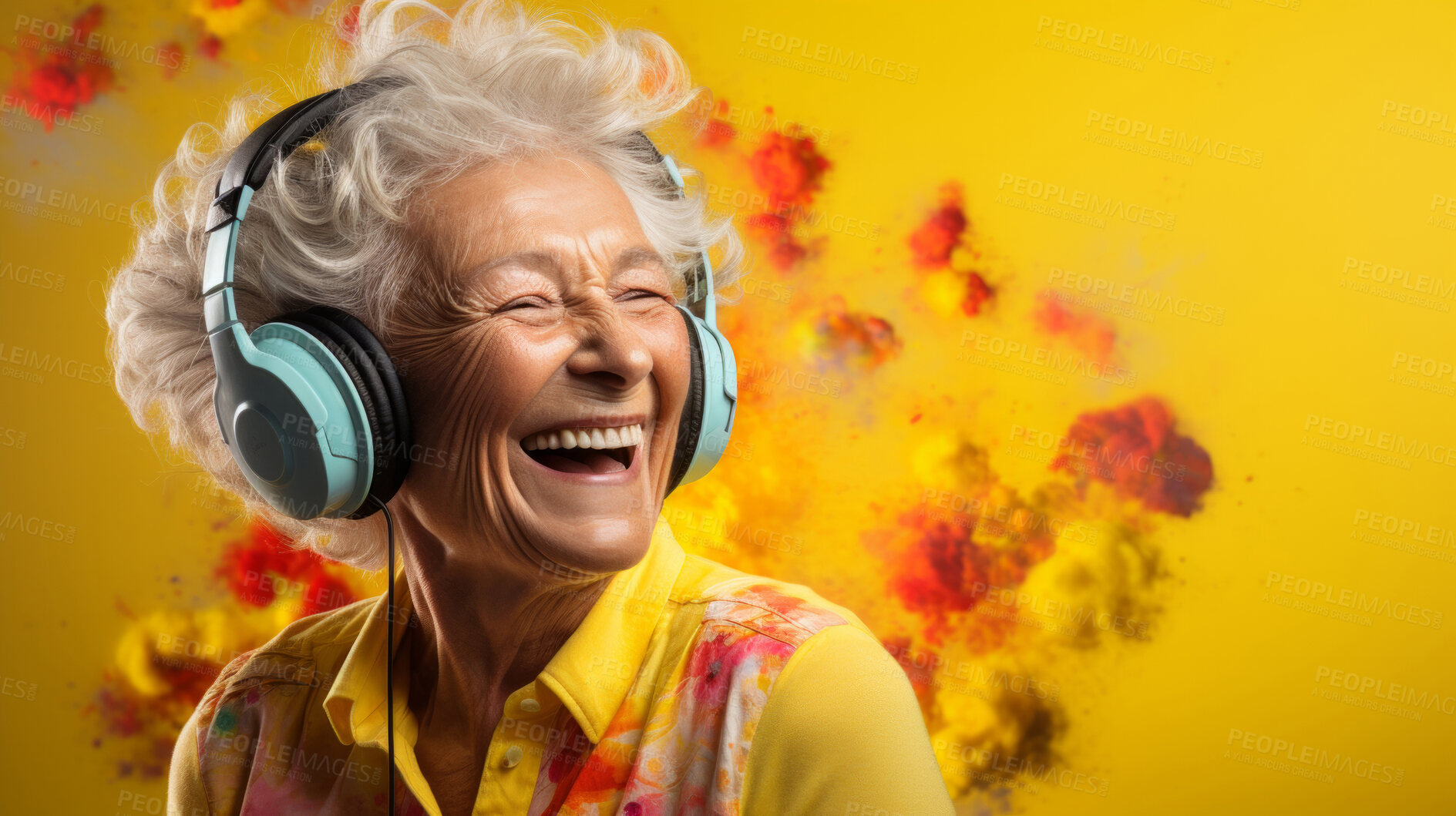 Buy stock photo Senior lady, headphones, adorned in vibrant colors. Stylish, tech-savvy and modern elder in a lively setting. On a vibrant journey with a touch of energetic flair.