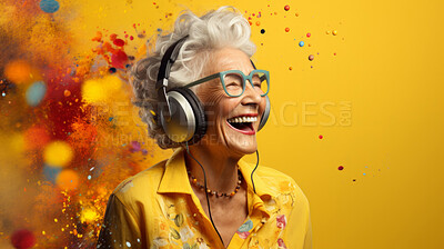 Buy stock photo Senior lady, headphones, adorned in vibrant colors. Stylish, tech-savvy and modern elder in a lively setting. On a vibrant journey with a touch of energetic flair.