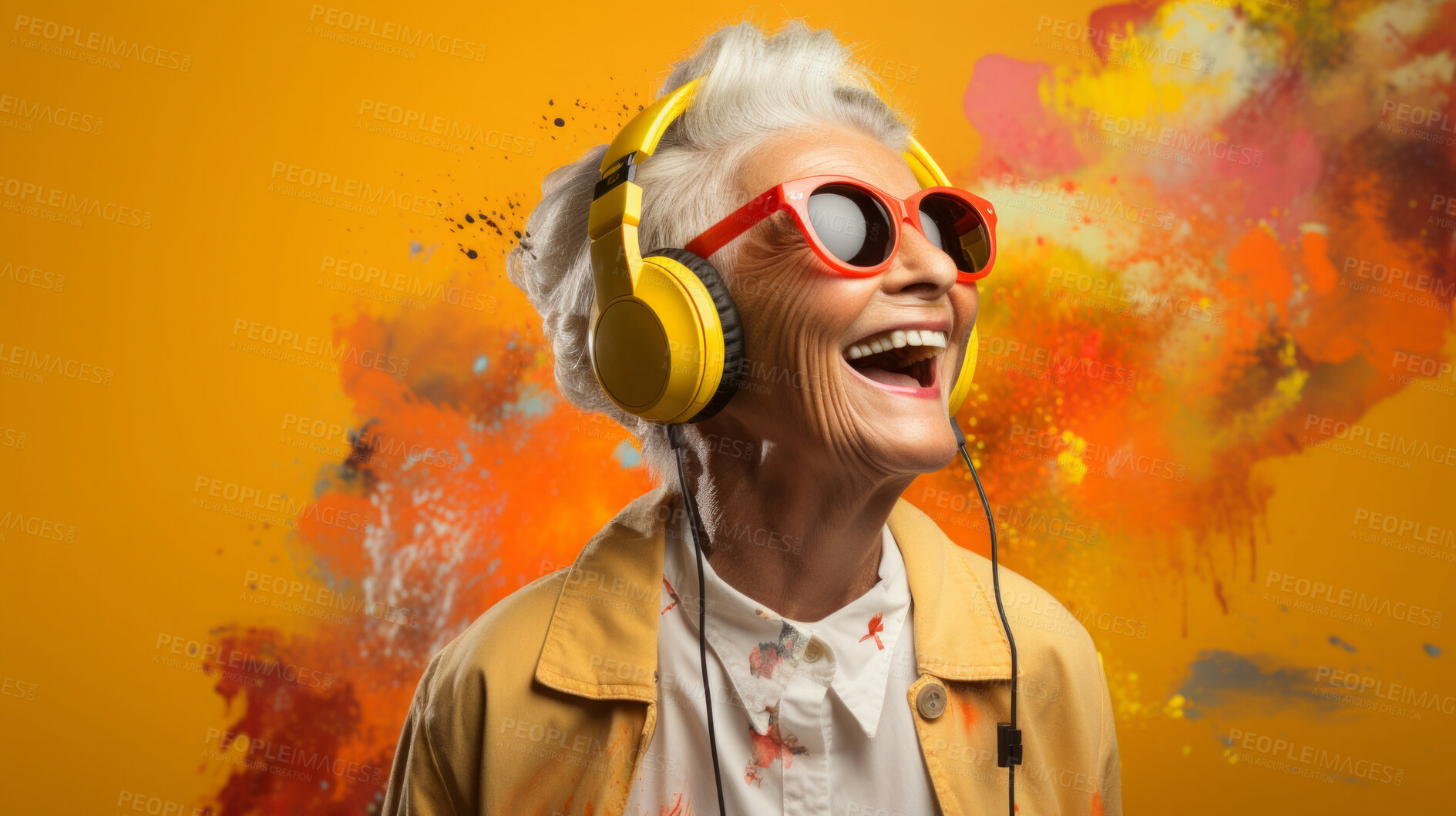 Buy stock photo Senior lady, headphones, adorned in vibrant colors. Stylish, tech-savvy and modern elder in a lively setting. On a vibrant journey with a touch of energetic flair.