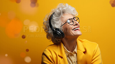 Buy stock photo Senior lady, headphones, adorned in vibrant colors. Stylish, tech-savvy and modern elder in a lively setting. On a vibrant journey with a touch of energetic flair.