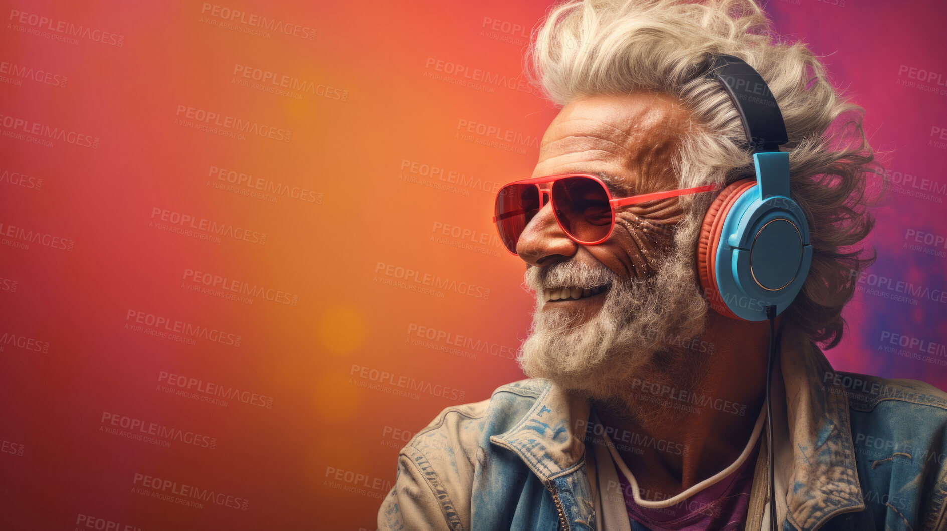 Buy stock photo Senior man, headphones, adorned in vibrant colors. Stylish, tech-savvy and modern elder in a lively setting. On a vibrant journey with a touch of energetic flair.