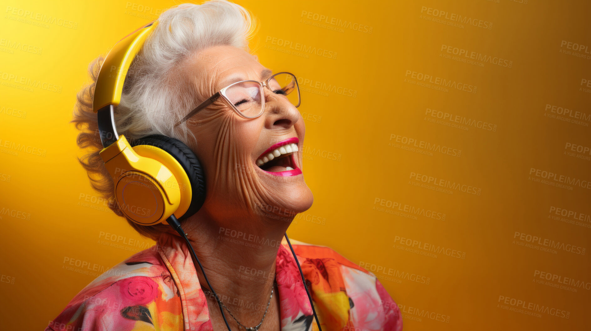 Buy stock photo Senior lady, headphones, adorned in vibrant colors. Stylish, tech-savvy and modern elder in a lively setting. On a vibrant journey with a touch of energetic flair.