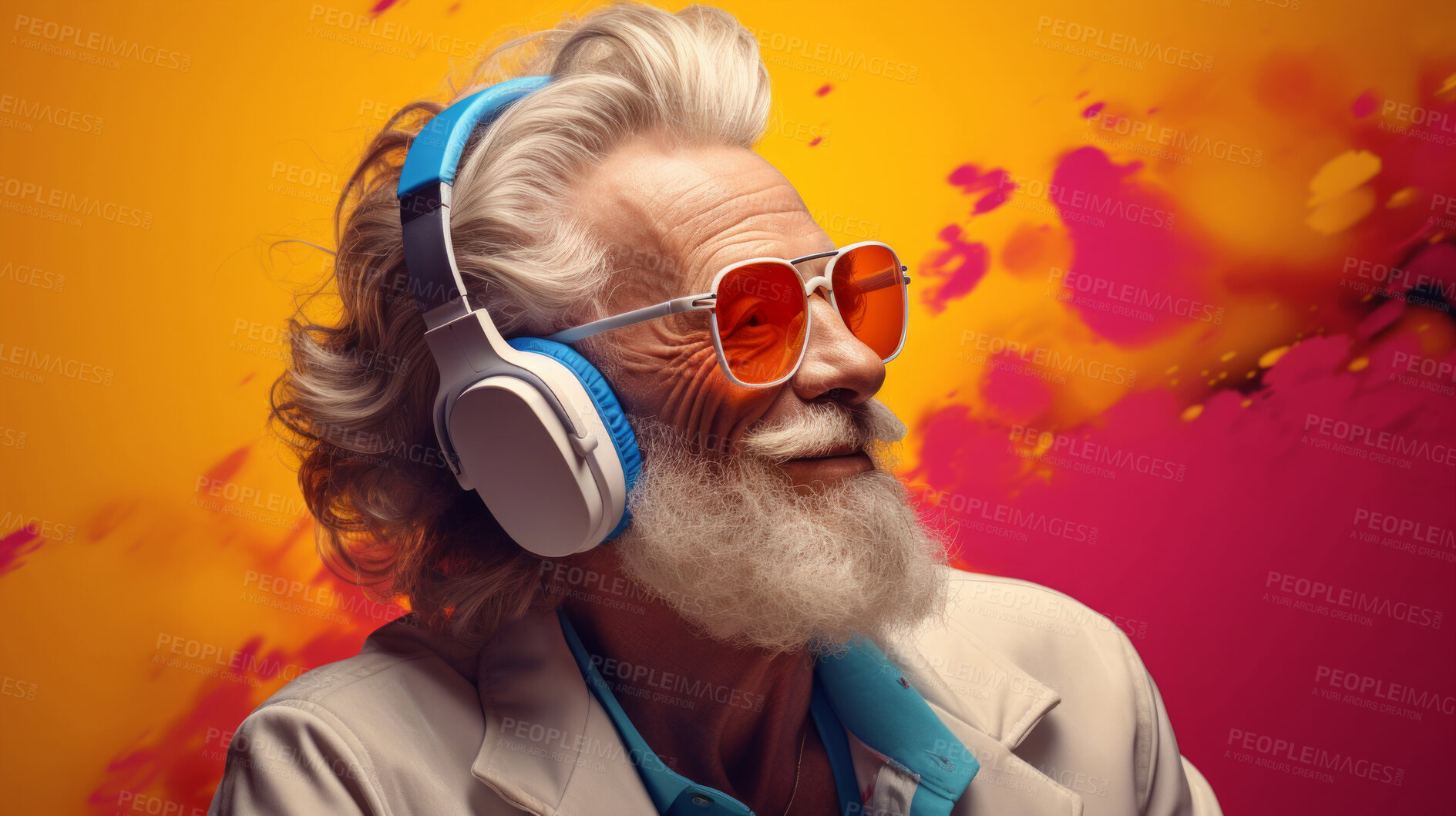 Buy stock photo Senior man, headphones, adorned in vibrant colors. Stylish, tech-savvy and modern elder in a lively setting. On a vibrant journey with a touch of energetic flair.