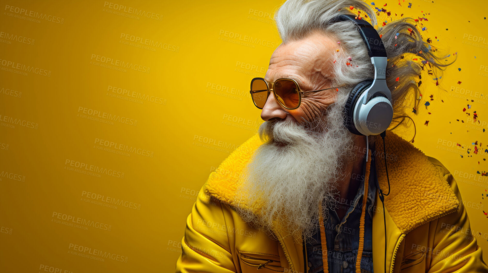 Buy stock photo Senior man, headphones, adorned in vibrant colors. Stylish, tech-savvy and modern elder in a lively setting. On a vibrant journey with a touch of energetic flair.