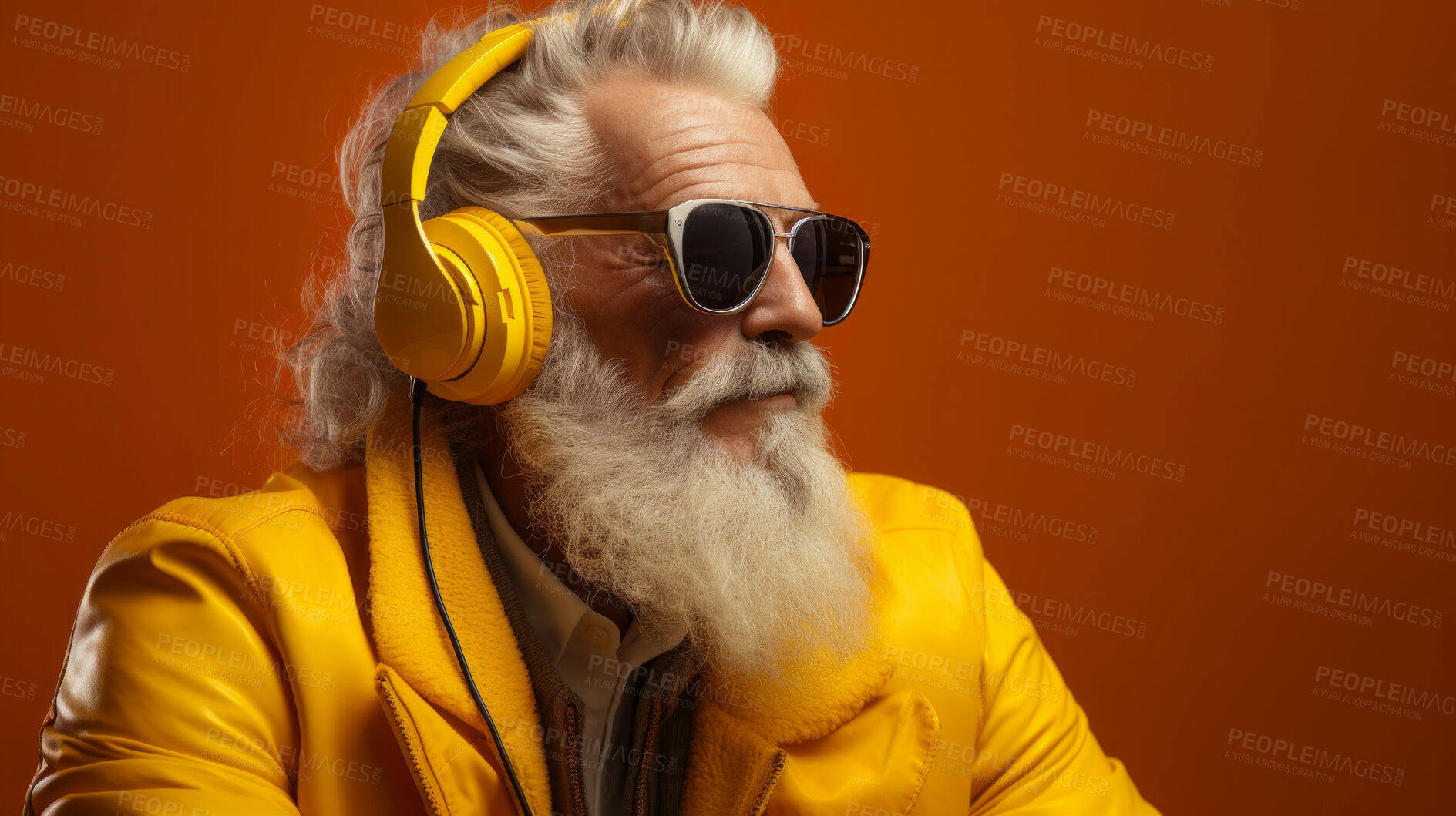 Buy stock photo Senior man, headphones, adorned in vibrant colors. Stylish, tech-savvy and modern elder in a lively setting. On a vibrant journey with a touch of energetic flair.