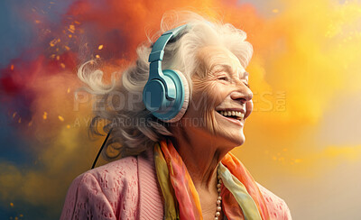 Senior lady, headphones, adorned in vibrant colors. Stylish, tech-savvy and modern elder in a lively setting. On a vibrant journey with a touch of energetic flair.