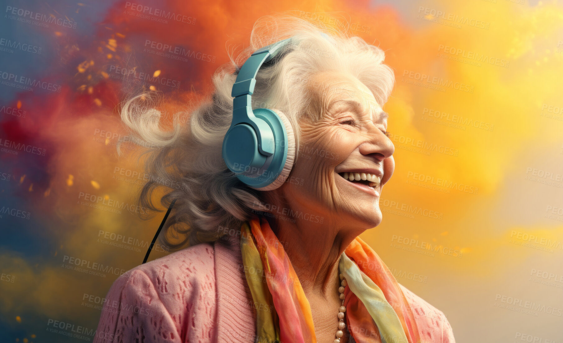 Buy stock photo Senior lady, headphones, adorned in vibrant colors. Stylish, tech-savvy and modern elder in a lively setting. On a vibrant journey with a touch of energetic flair.