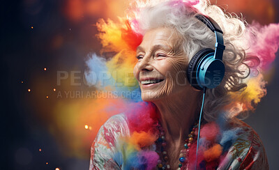 Senior lady, headphones, adorned in vibrant colors. Stylish, tech-savvy and modern elder in a lively setting. On a vibrant journey with a touch of energetic flair.