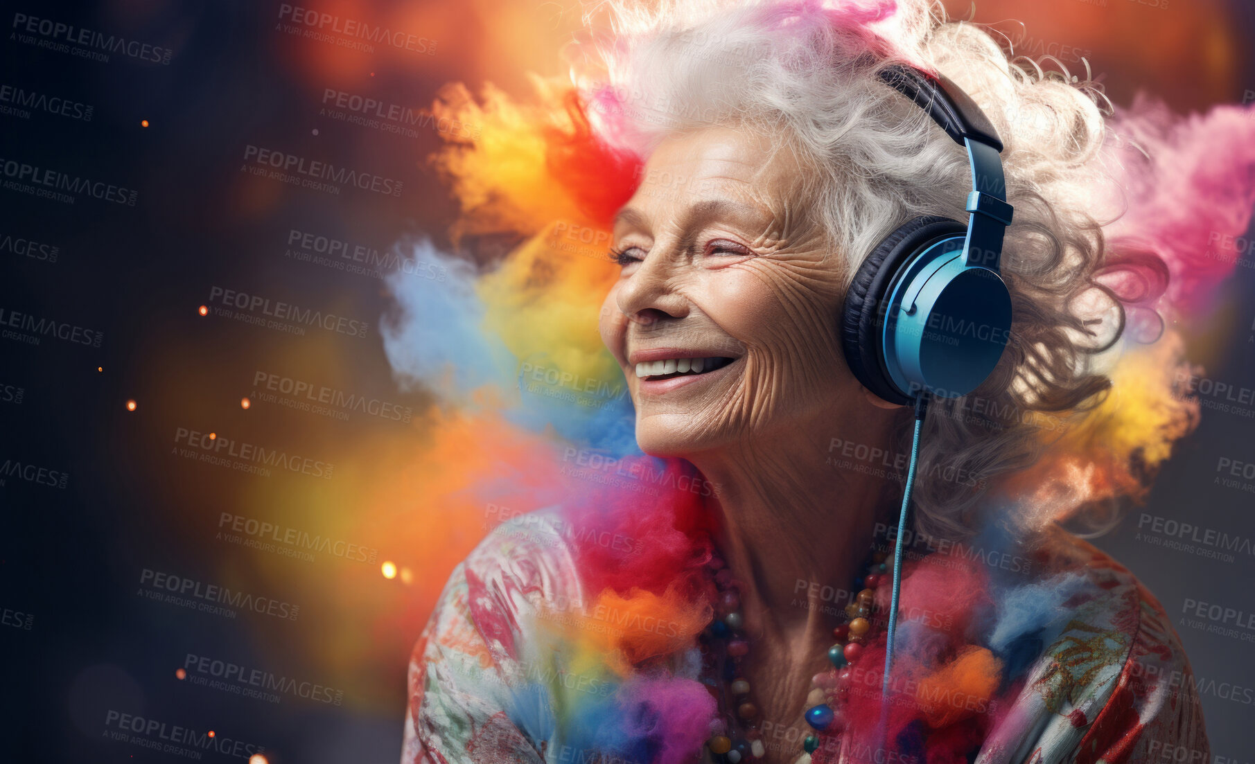 Buy stock photo Senior lady, headphones, adorned in vibrant colors. Stylish, tech-savvy and modern elder in a lively setting. On a vibrant journey with a touch of energetic flair.