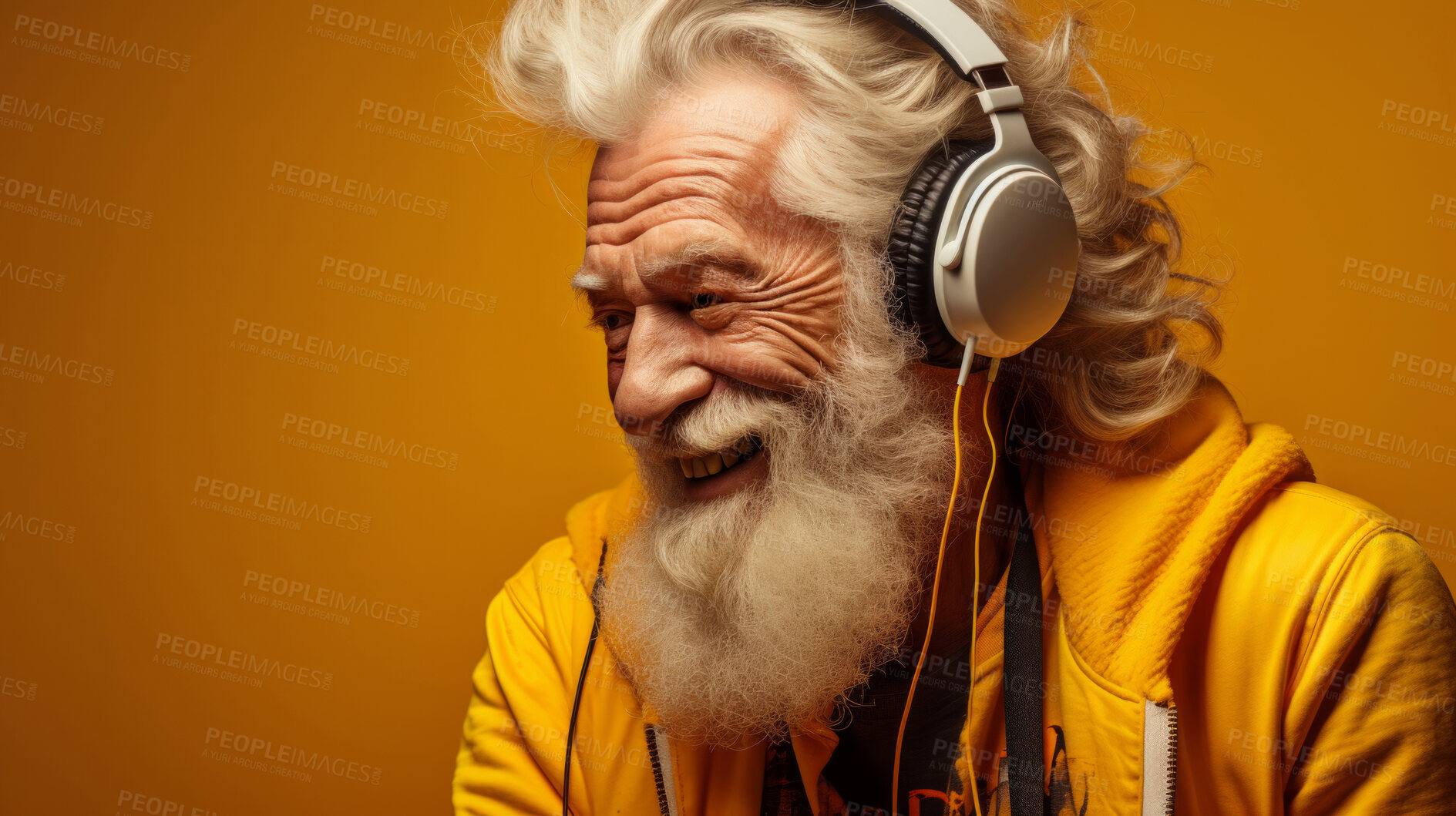 Buy stock photo Senior man, headphones, adorned in vibrant colors. Stylish, tech-savvy and modern elder in a lively setting. On a vibrant journey with a touch of energetic flair.