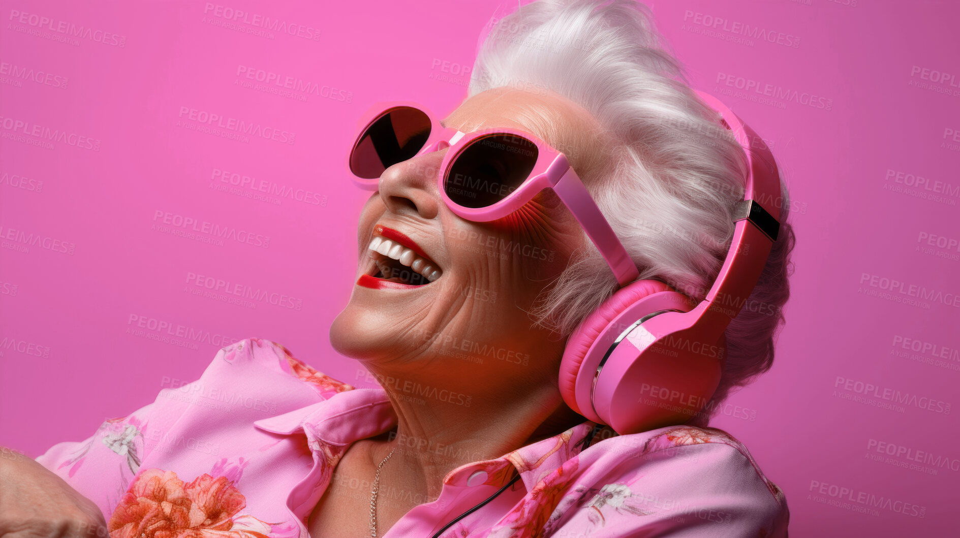 Buy stock photo Senior lady, headphones, adorned in vibrant colors. Stylish, tech-savvy and modern elder in a lively setting. On a vibrant journey with a touch of energetic flair.