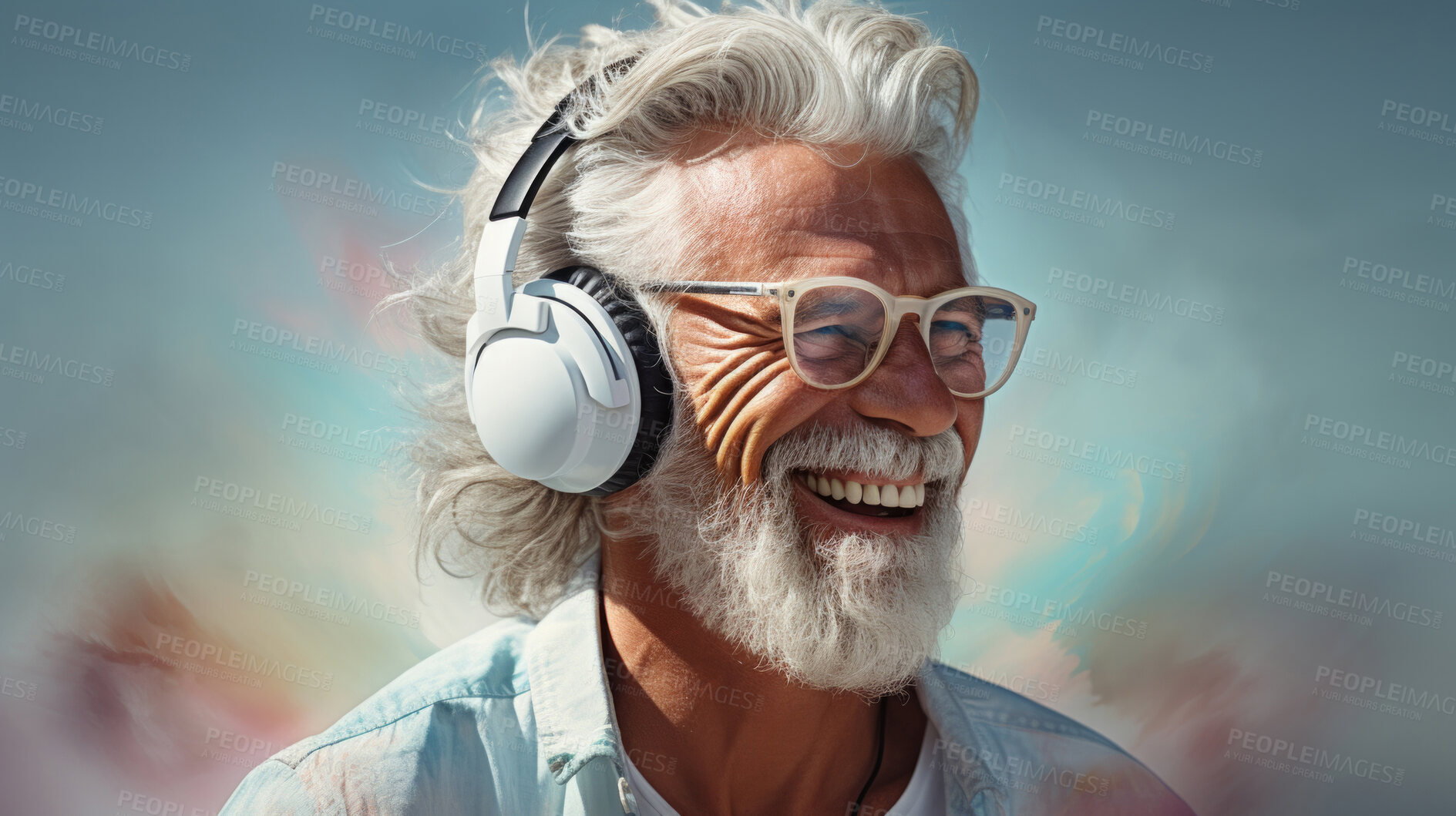 Buy stock photo Senior man, headphones, adorned in vibrant colors. Stylish, tech-savvy and modern elder in a lively setting. On a vibrant journey with a touch of energetic flair.