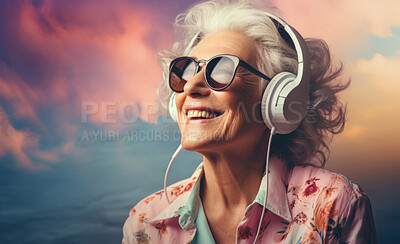 Buy stock photo Senior lady, headphones, adorned in vibrant colors. Stylish, tech-savvy and modern elder in a lively setting. On a vibrant journey with a touch of energetic flair.