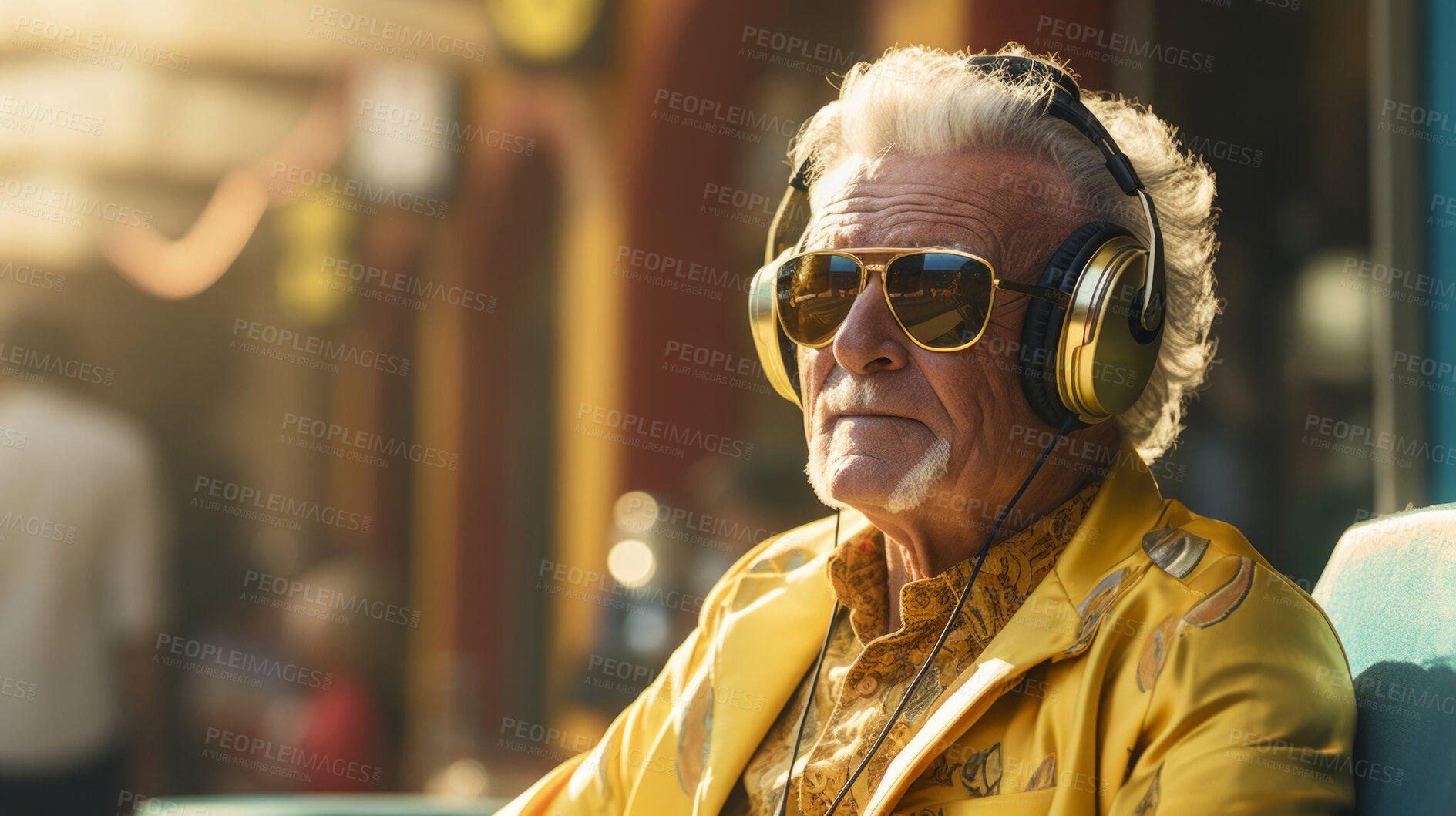 Buy stock photo Senior man, headphones, adorned in vibrant colors. Stylish, tech-savvy and modern elder in a lively setting. On a vibrant journey with a touch of energetic flair.