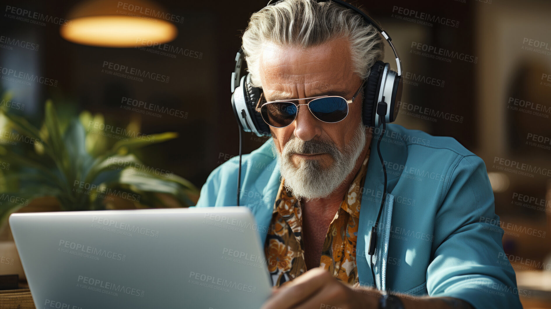 Buy stock photo Senior man, headphones on and working on laptop in vibrant attire. Tech-savvy, focused and stylish elder in a modern setting. On a creative journey with a touch of vibrant energy.