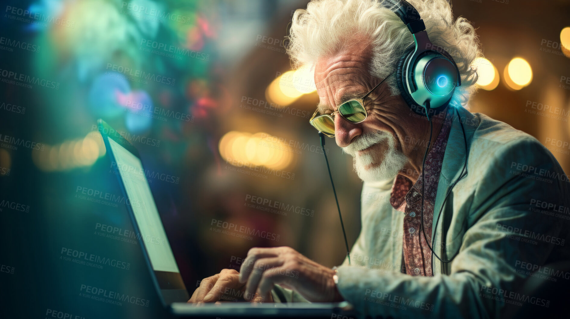 Buy stock photo Senior man, headphones on and working on laptop in vibrant attire. Tech-savvy, focused and stylish elder in a modern setting. On a creative journey with a touch of vibrant energy.