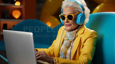 Buy stock photo Senior lady, headphones on and working on laptop in vibrant attire. Tech-savvy, focused and stylish elder in a modern setting. On a creative journey with a touch of vibrant energy.