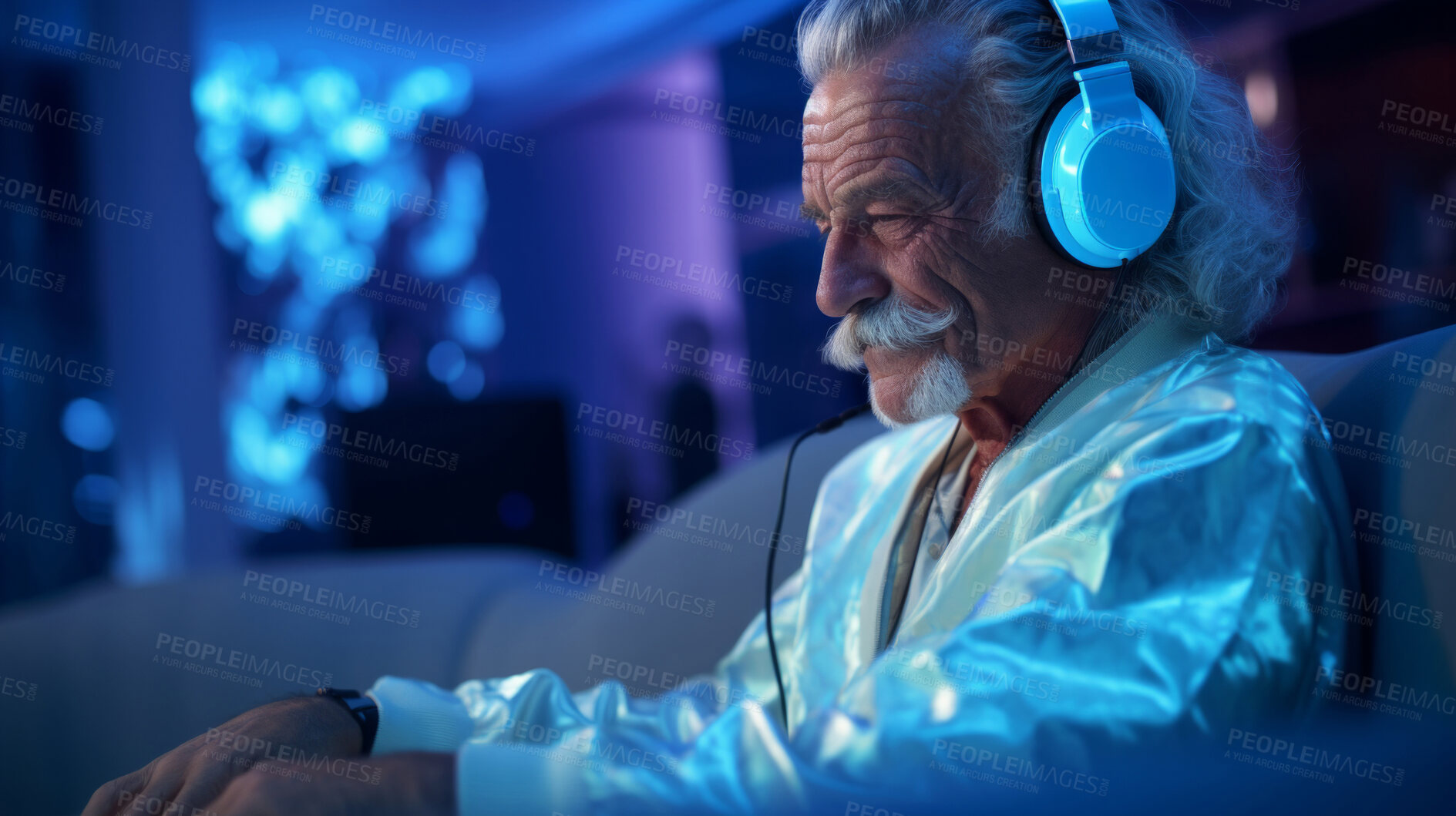 Buy stock photo Senior man, headphones, adorned in vibrant colors. Stylish, tech-savvy and modern elder in a lively setting. On a vibrant journey with a touch of energetic flair.