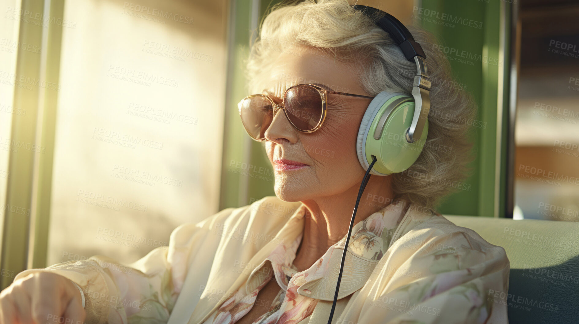 Buy stock photo Senior lady, headphones, adorned in vibrant colors. Stylish, tech-savvy and modern elder in a lively setting. On a vibrant journey with a touch of energetic flair.