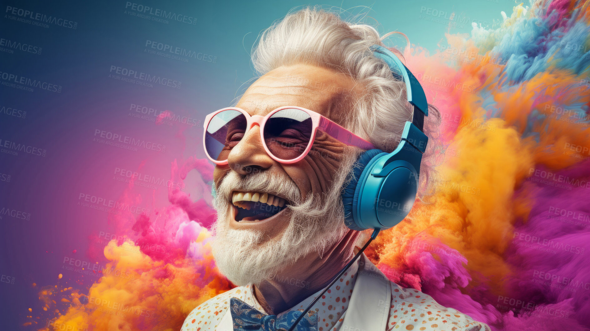 Buy stock photo Senior man, headphones, adorned in vibrant colors. Stylish, tech-savvy and modern elder in a lively setting. On a vibrant journey with a touch of energetic flair.