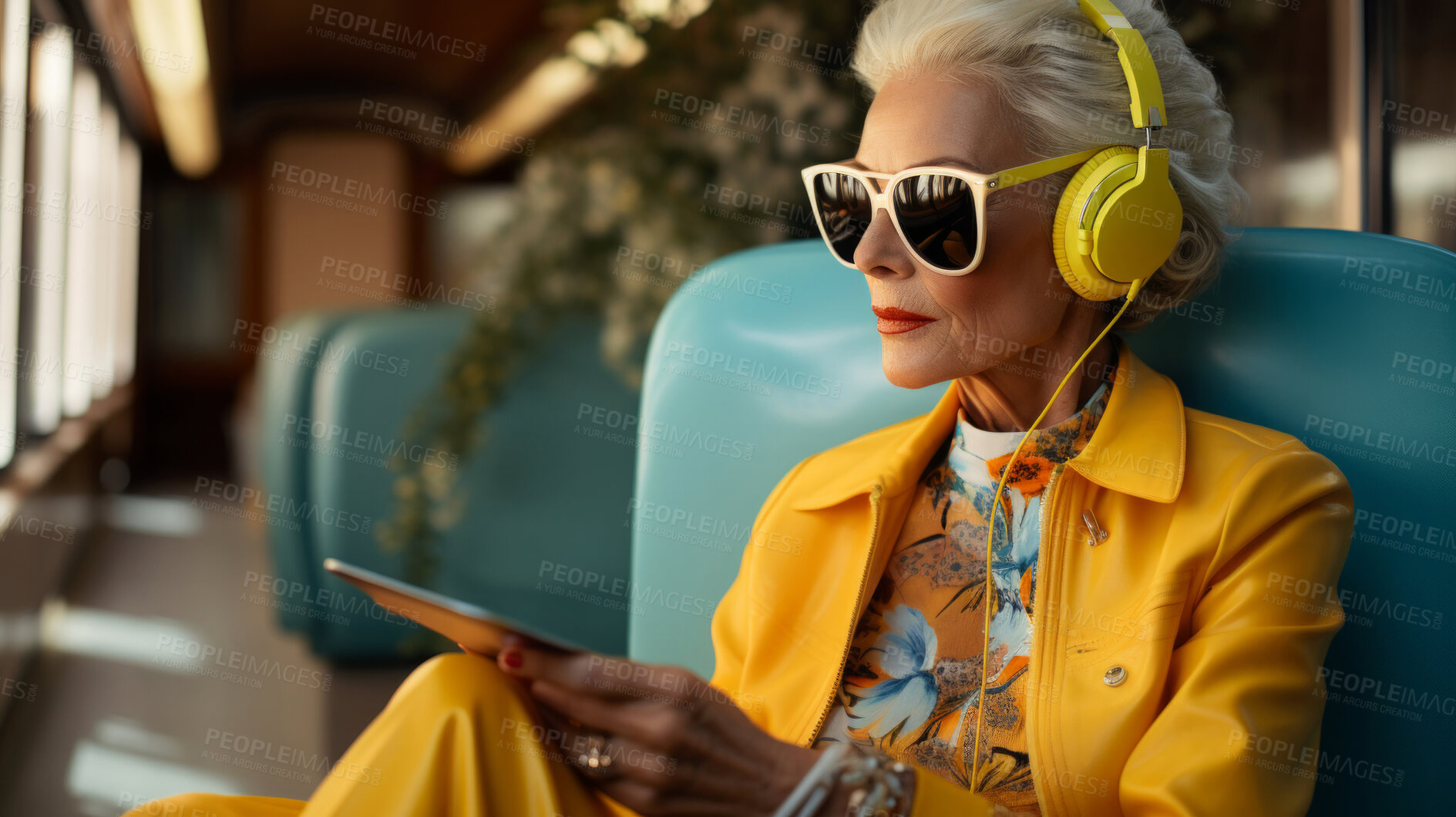 Buy stock photo Senior lady, headphones, adorned in vibrant colors. Stylish, tech-savvy and modern elder in a lively setting. On a vibrant journey with a touch of energetic flair.