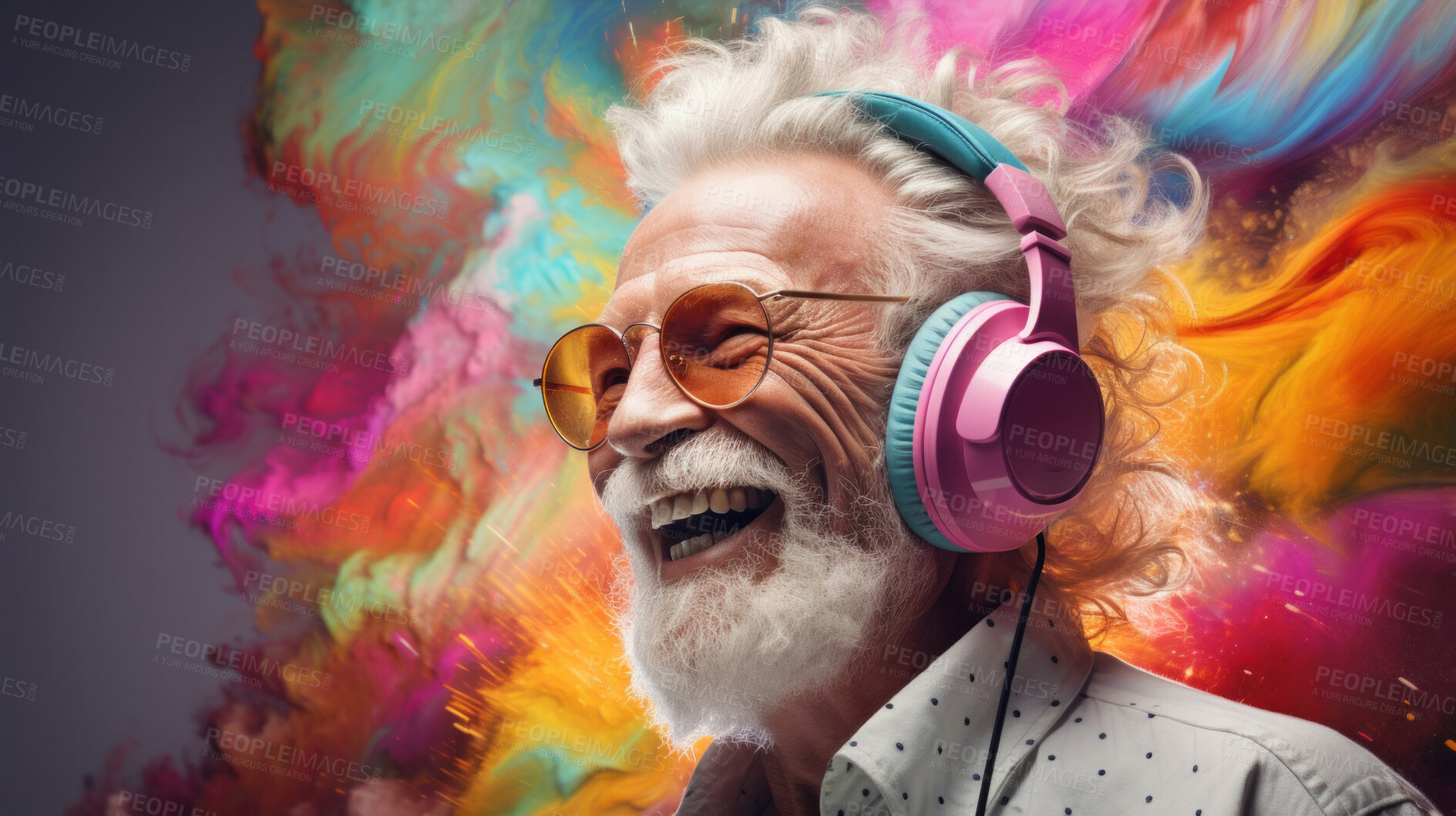 Buy stock photo Senior man, headphones, adorned in vibrant colors. Stylish, tech-savvy and modern elder in a lively setting. On a vibrant journey with a touch of energetic flair.