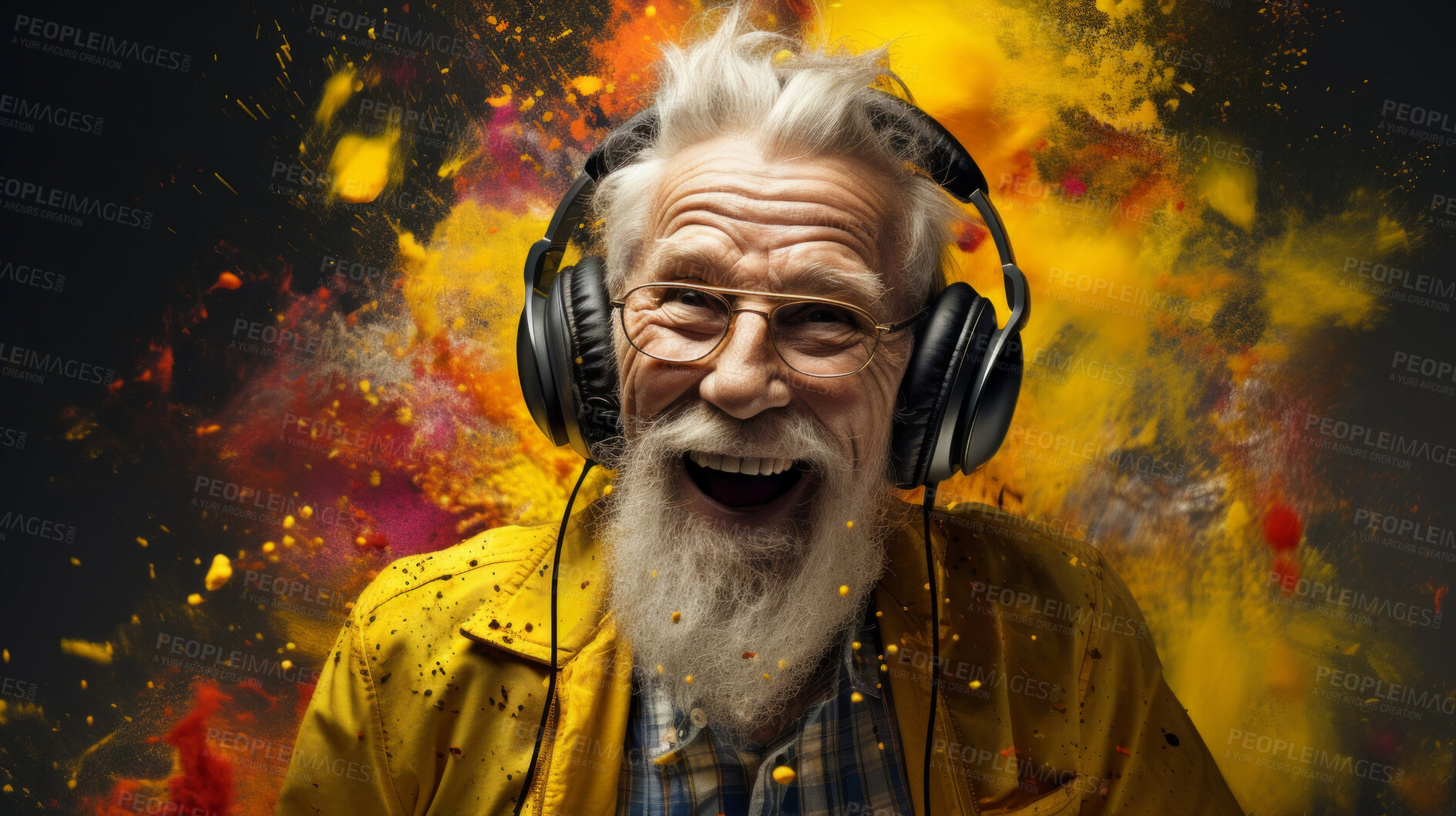 Buy stock photo Senior man, headphones, adorned in vibrant colors. Stylish, tech-savvy and modern elder in a lively setting. On a vibrant journey with a touch of energetic flair.