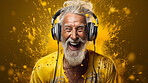 Senior man, headphones, adorned in vibrant colors. Stylish, tech-savvy and modern elder in a lively setting. On a vibrant journey with a touch of energetic flair.