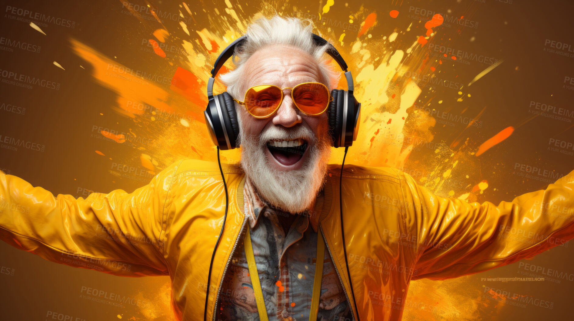 Buy stock photo Senior man, headphones, adorned in vibrant colors. Stylish, tech-savvy and modern elder in a lively setting. On a vibrant journey with a touch of energetic flair.